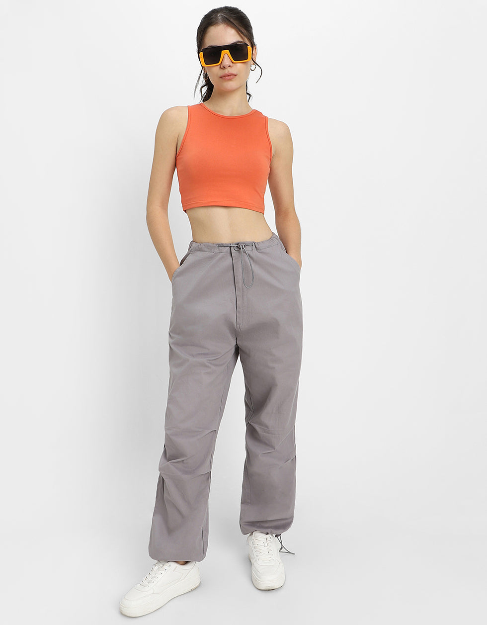 Orange Plain Round Neck Cropped Tank Top