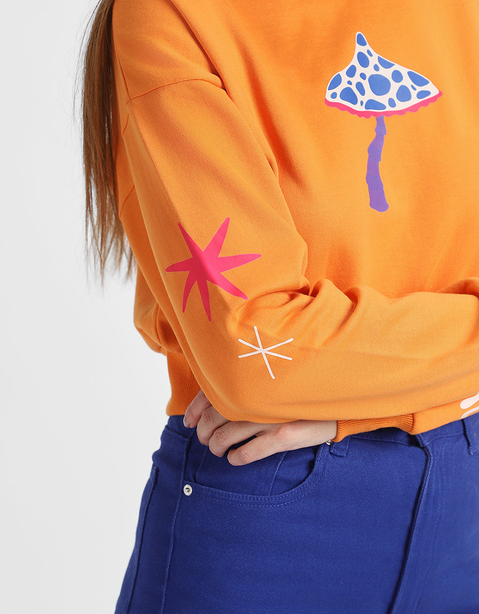 All Things Good Graphic Printed Oversized Orange Sweatshirt