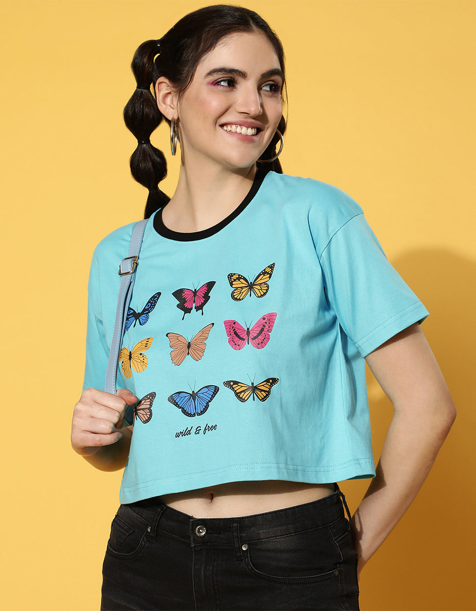 Wild & Free Blue Graphic Printed Crop-Top