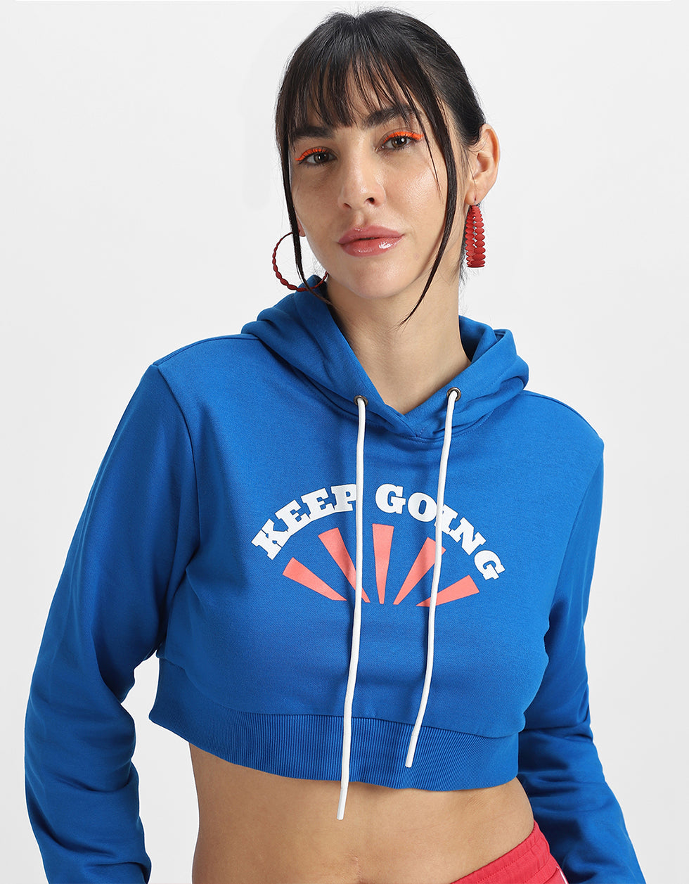 Go Outside Printed Blue Crop Hoodie