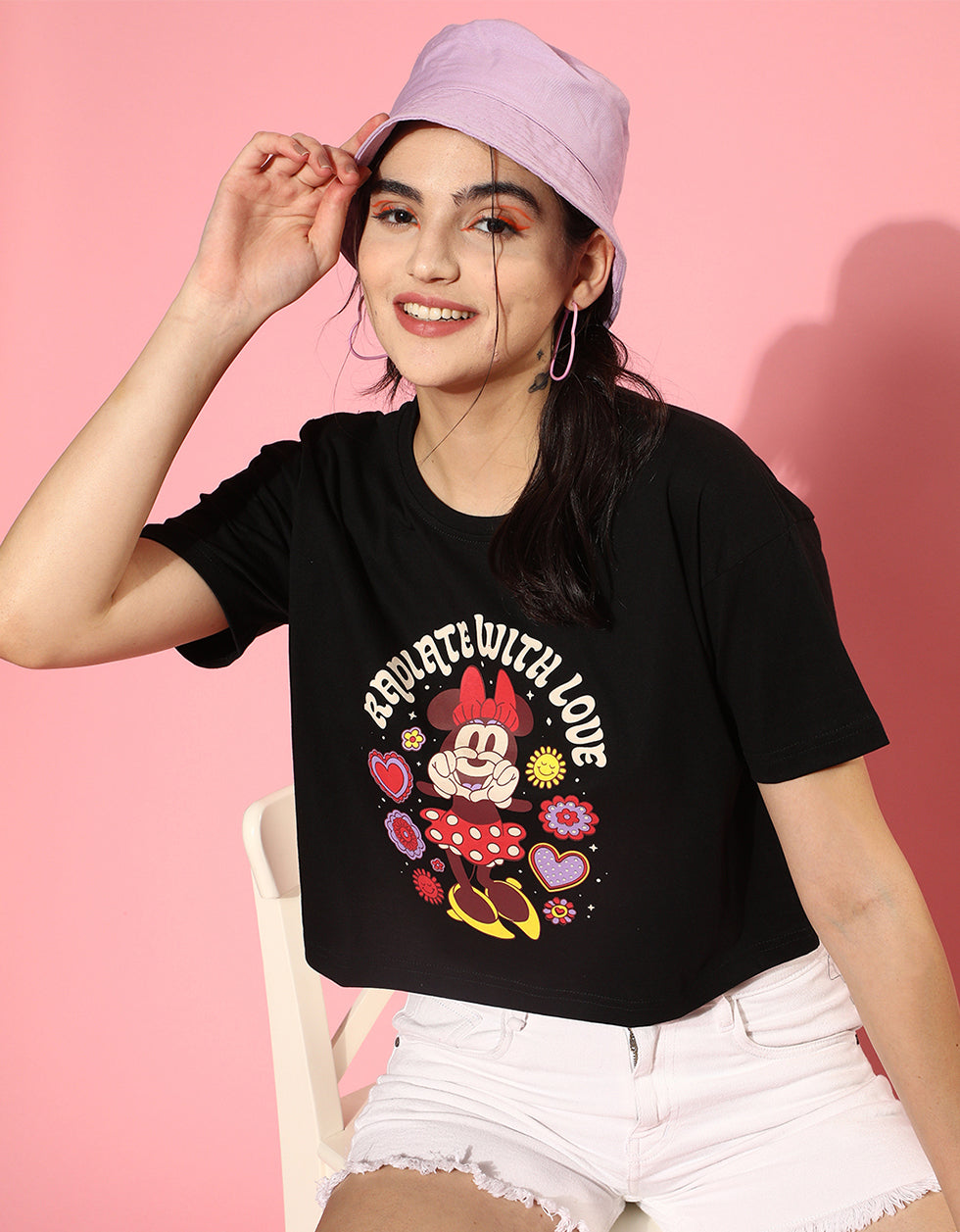 Mickey Minnie Black Graphic Printed Crop-Top