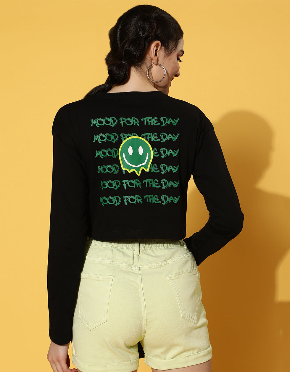 Mood For The Day Black Graphic Printed Crop-Top