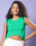 Fern Green Sleeveless Plain Crop-Top