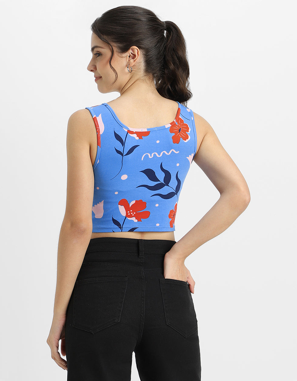 Blue Floral Printed Square Neck Cropped Tank Top