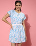 Floral Printed Blue Knee Length T-shirt Dress
