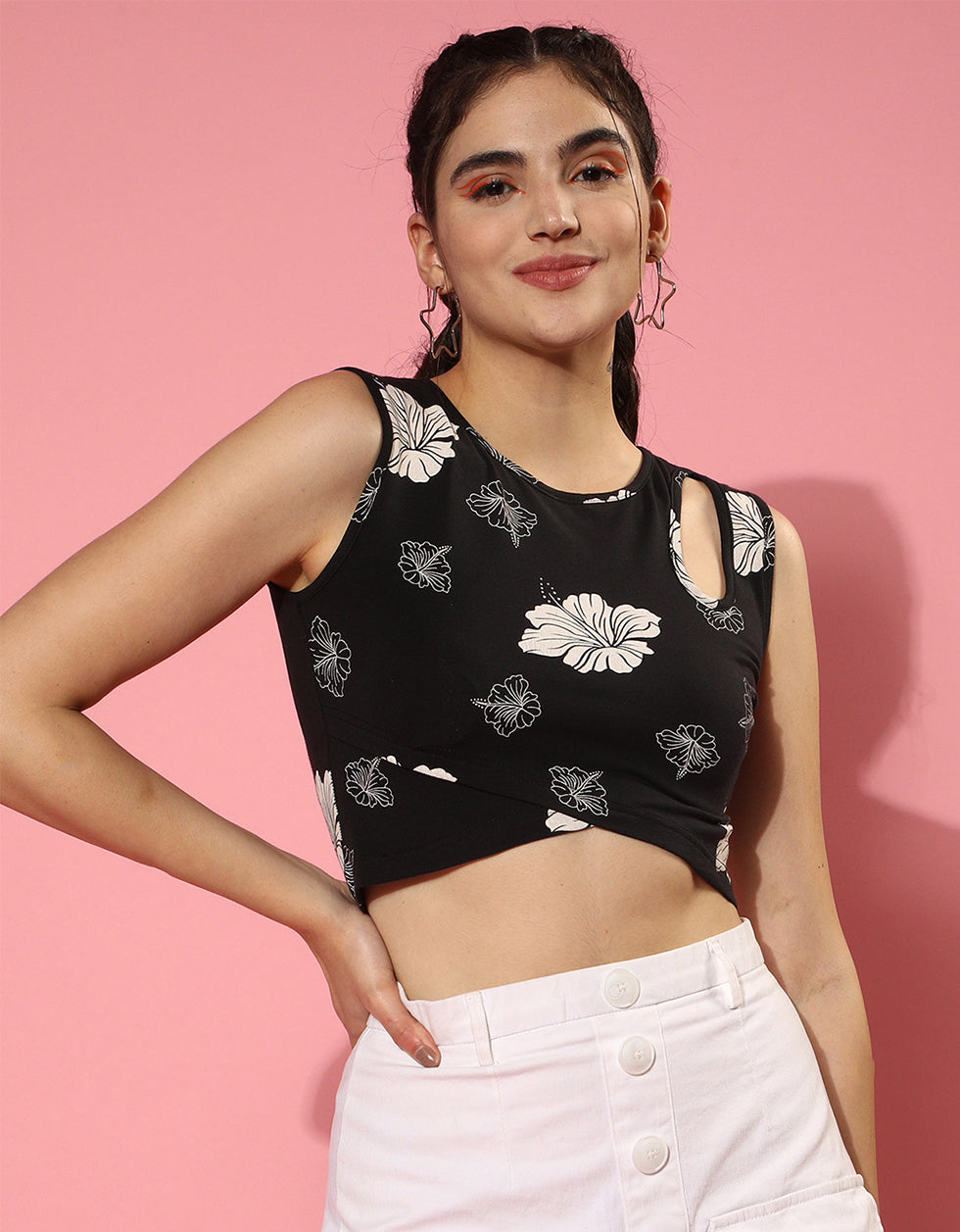 Black Designer Floral Print Regular Fit Crop-Top
