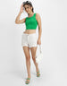 Green Solid Square Neck Cropped Tank Top
