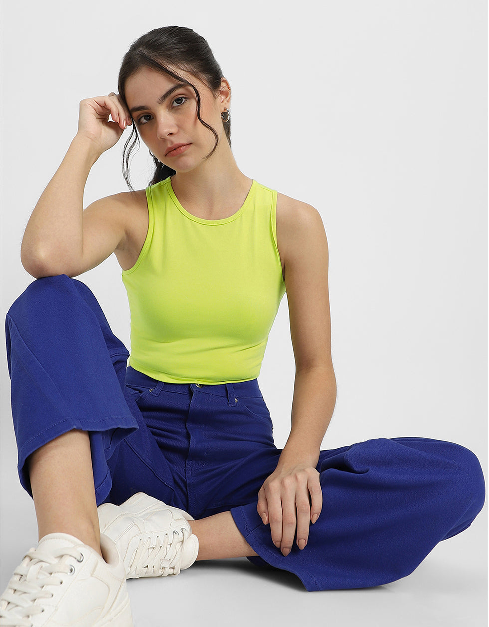 Lime Green Plain Round Neck Cropped Tank Top