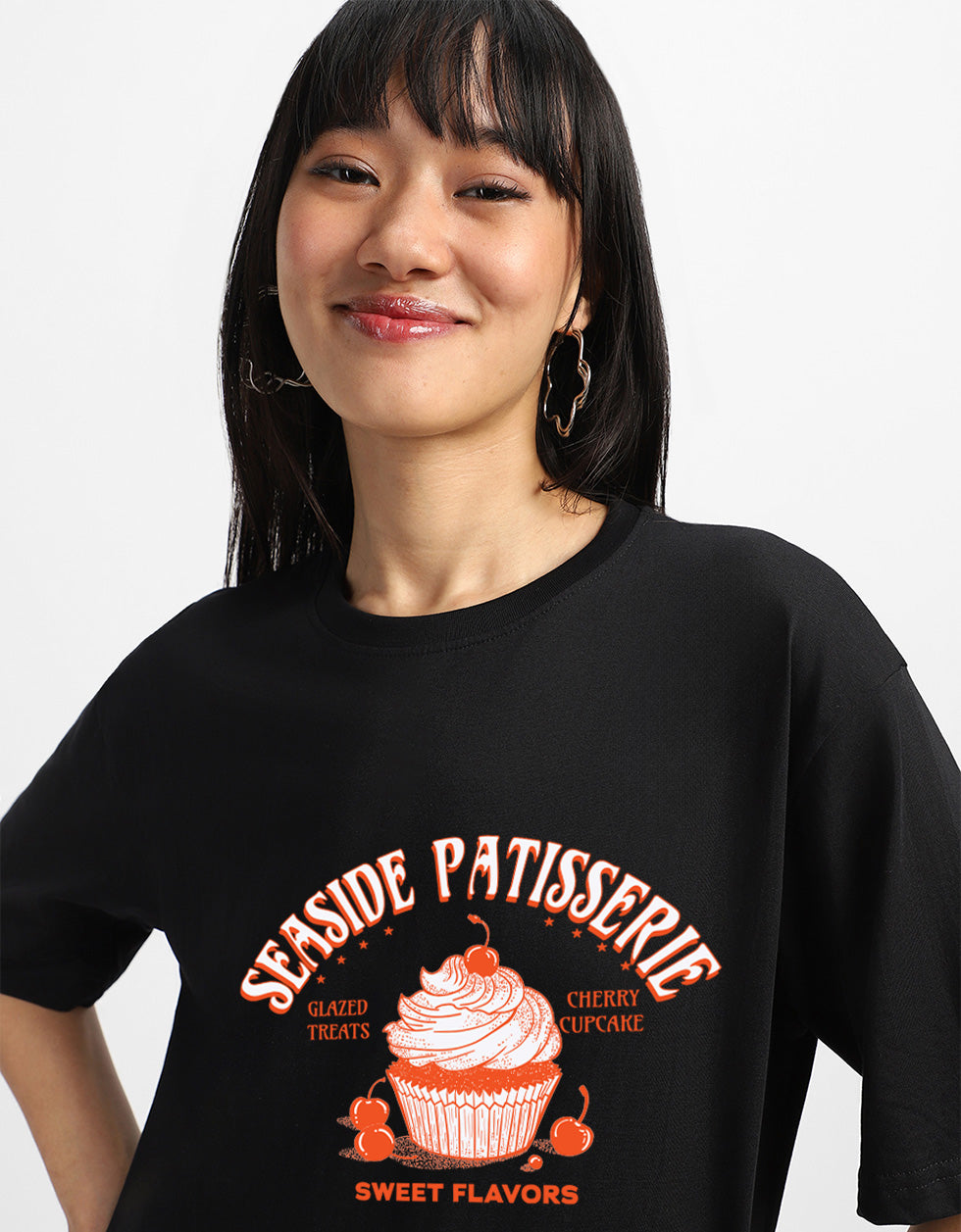 Seaside Patisserie Typographic Printed Oversized Fit Black T-Shirt