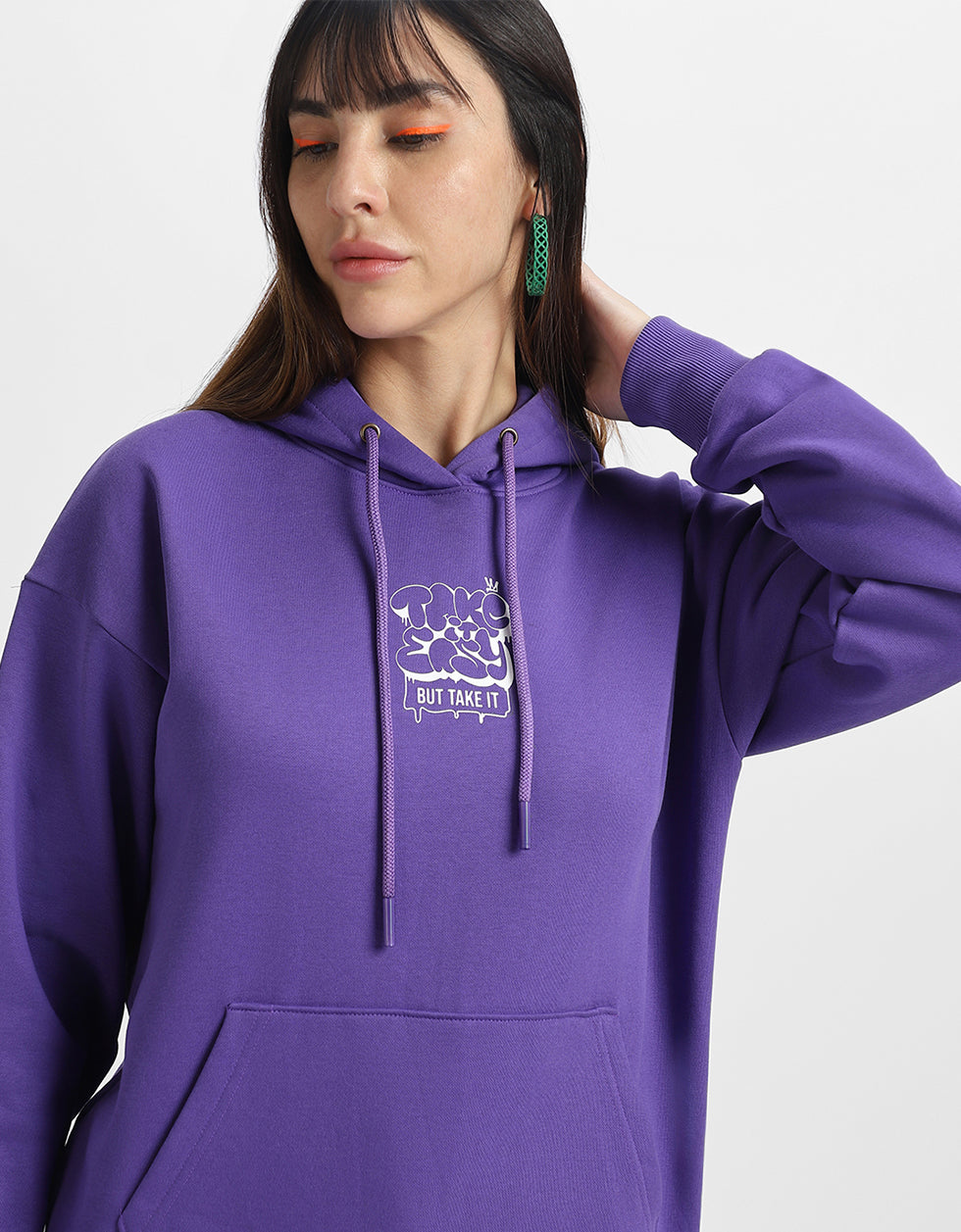 Take It Easy Typographic Printed Purple Oversized Hoodie