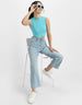 Blue Radiance Plain High Neck Cropped Tank Top