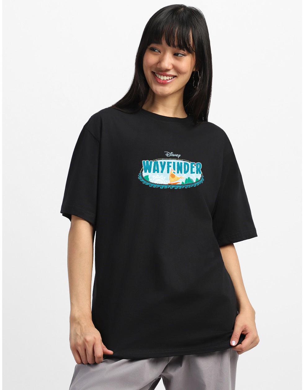 Moana Black Oversized Fit Graphic T-Shirt