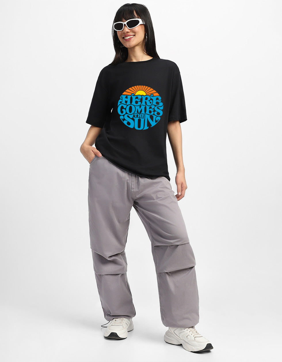 Here Comes The Sun Typographic Printed Oversized Fit Black T-Shirt