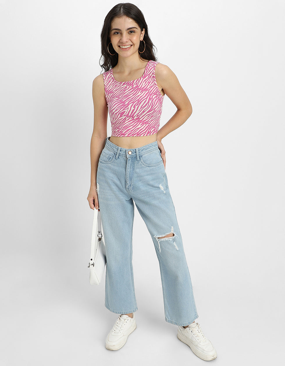 Pink Printed Square Neck Cropped Tank Top