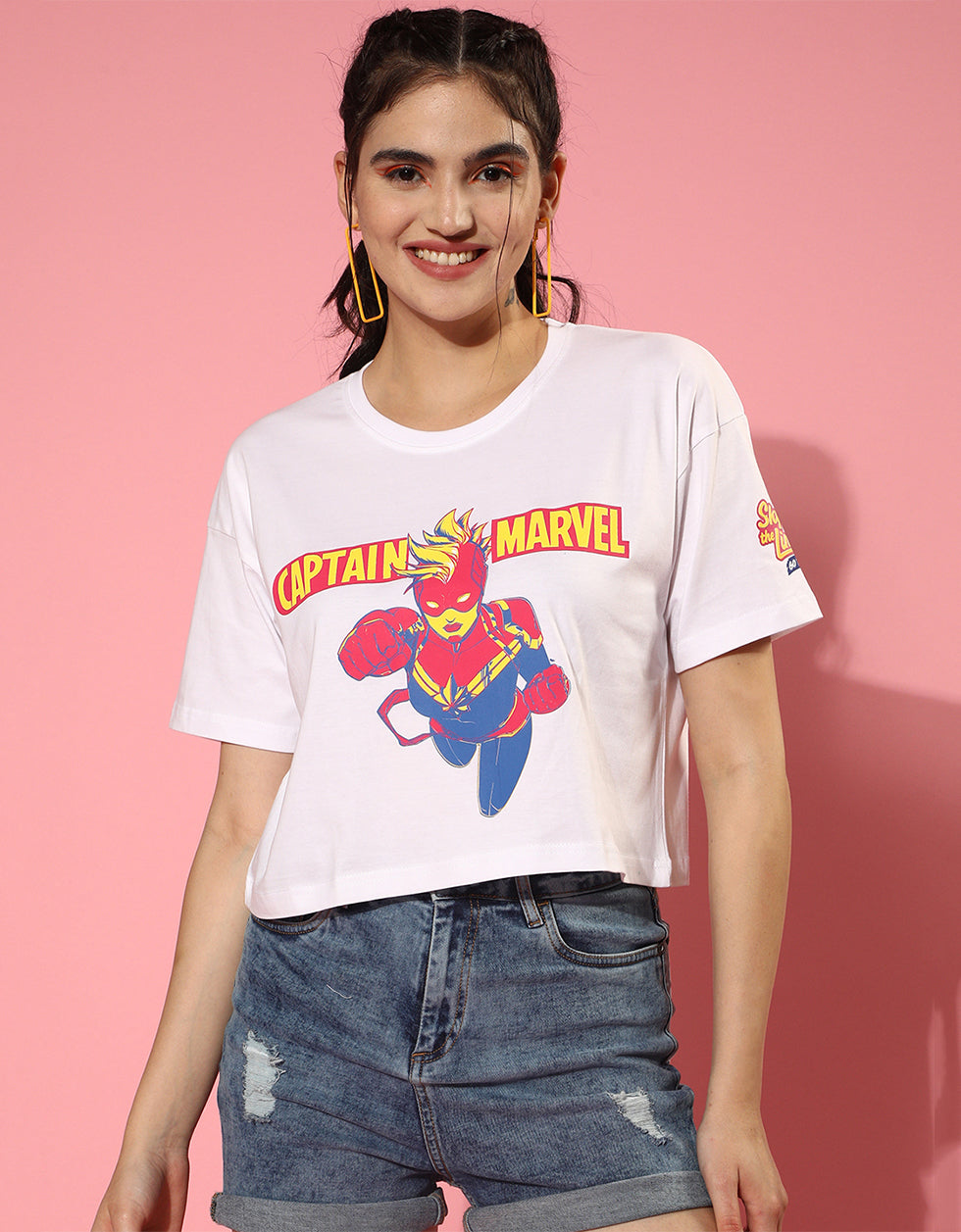 Captain Marvel White Graphic Print  Crop Top