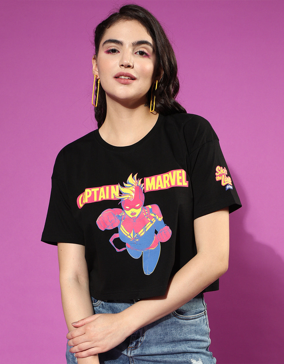 Captain Marvel Black Graphic Print  Crop Top