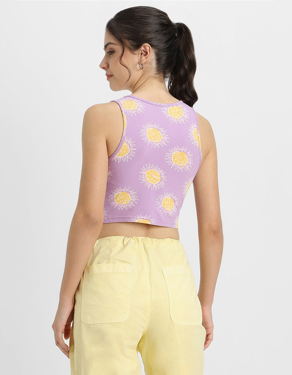 Lilac Printed Round Neck Cropped Tank Top