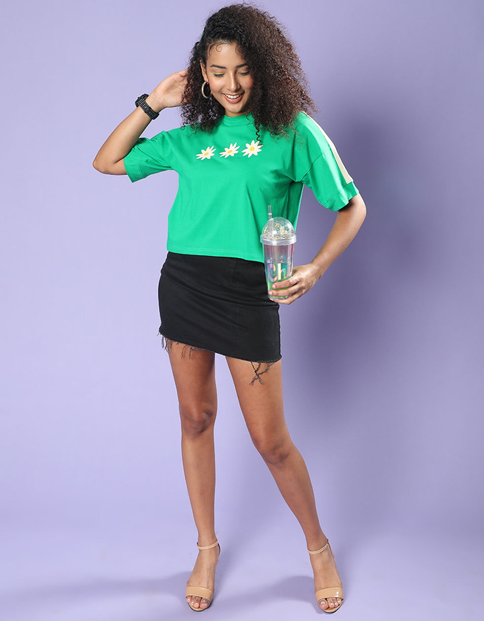 Green Floral Printed Crop-Top
