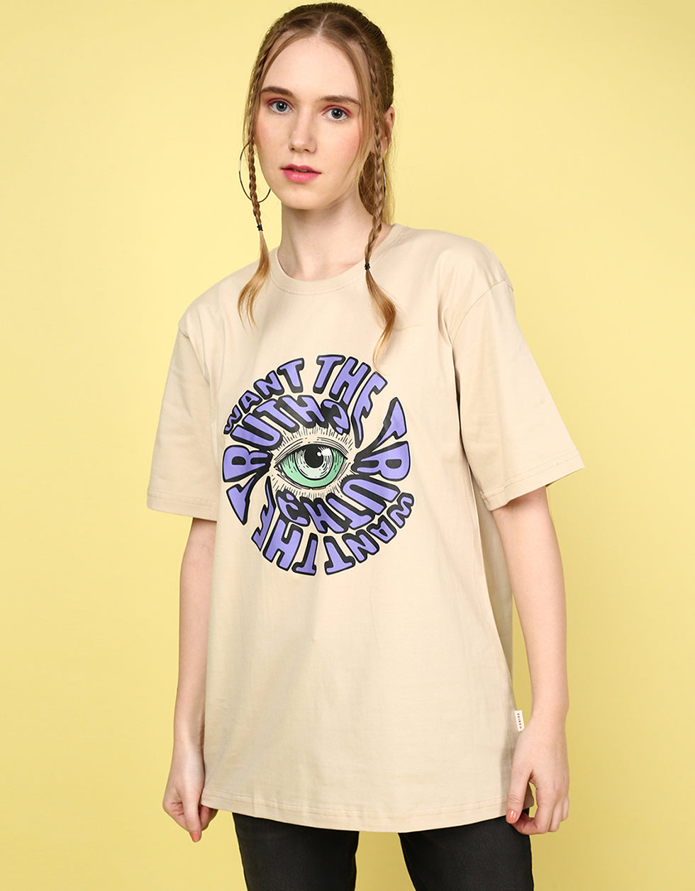 Want The Truth Beige Oversized Fit Graphic T-Shirt