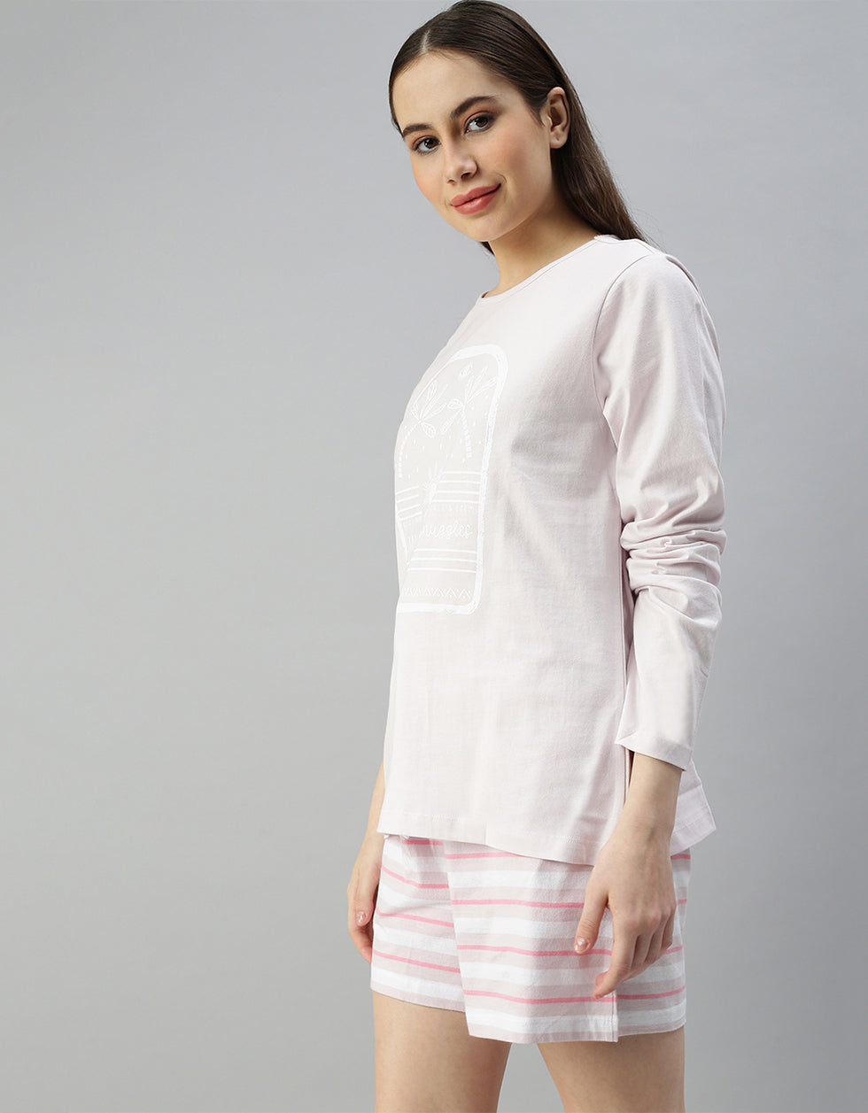 Sunday for Snuggles Lilac Printed Round Neck Top With Shorts Co-Ord Set