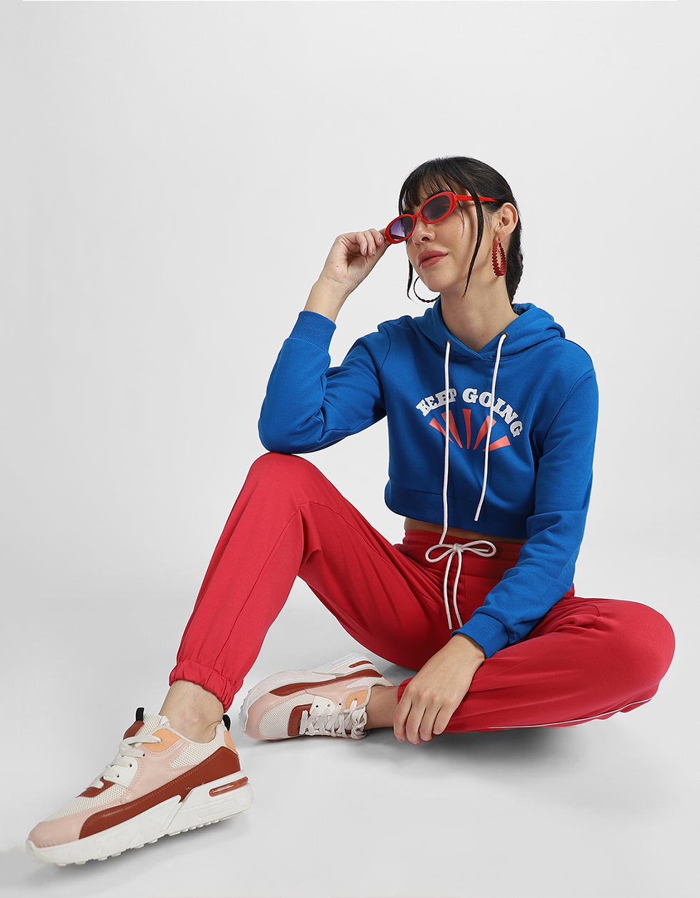 Go Outside Printed Blue Crop Hoodie