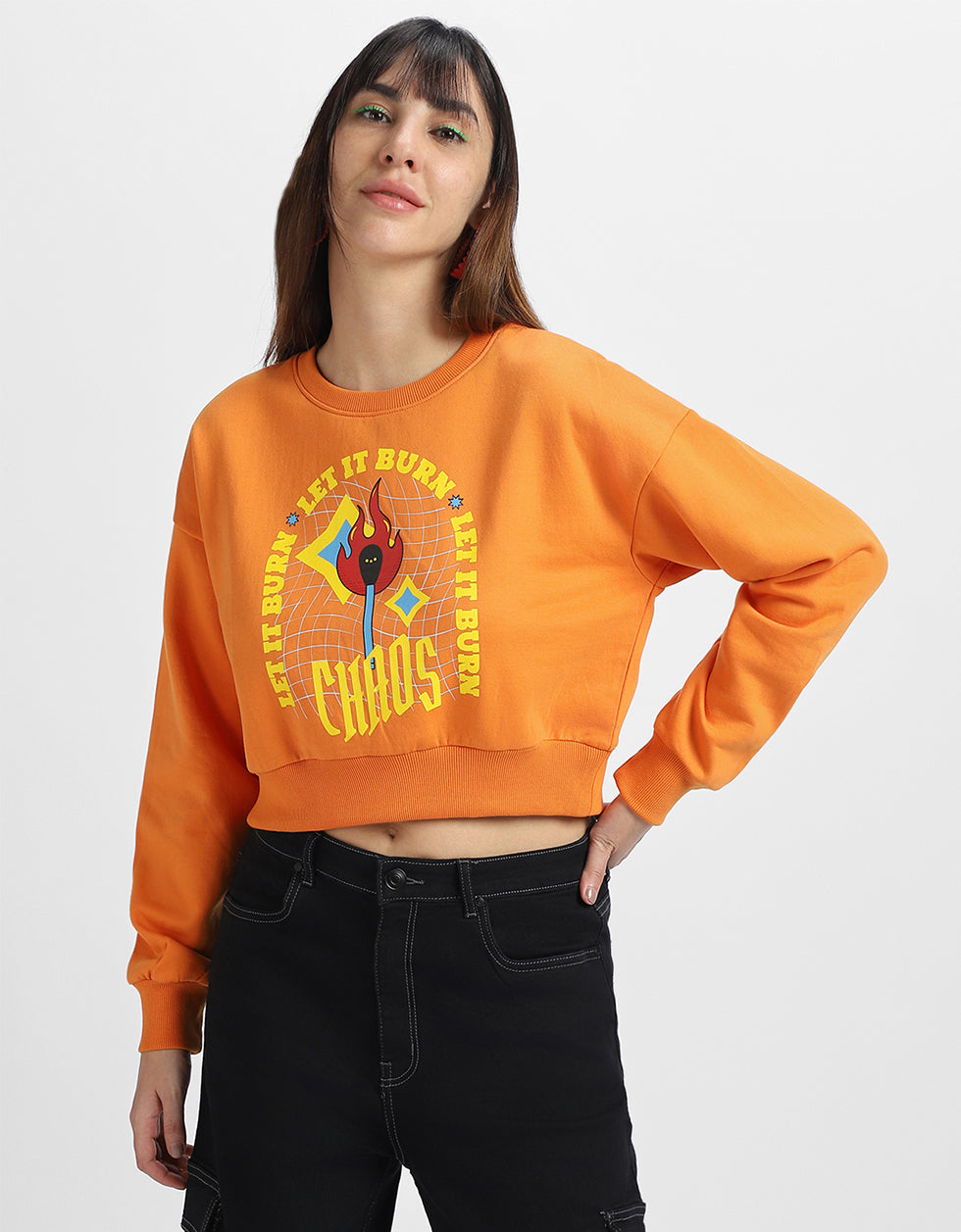 Chaos Graphic Printed Oversized Orange Sweatshirt