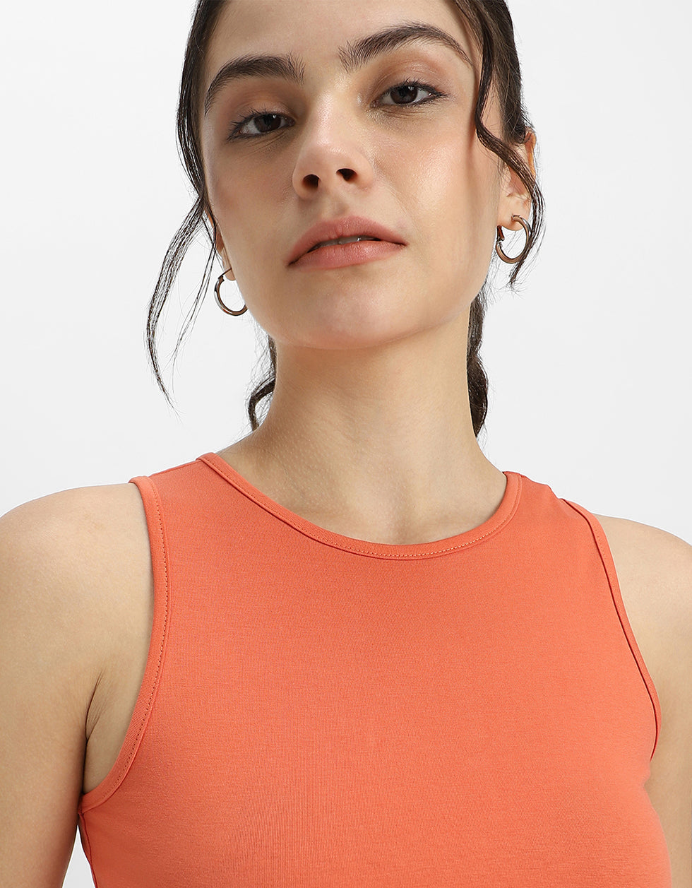 Orange Plain Round Neck Cropped Tank Top