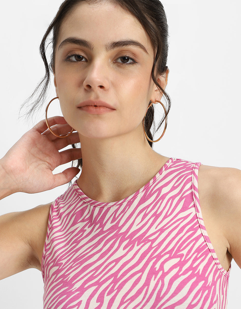 Pink Printed Round Neck Neck Cropped Tank Top