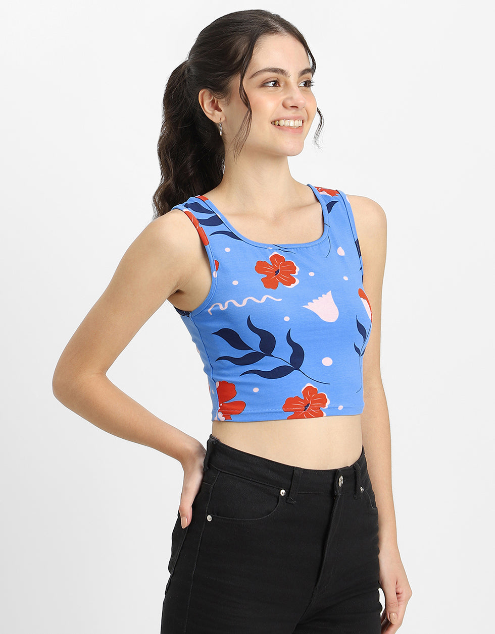 Blue Floral Printed Square Neck Cropped Tank Top
