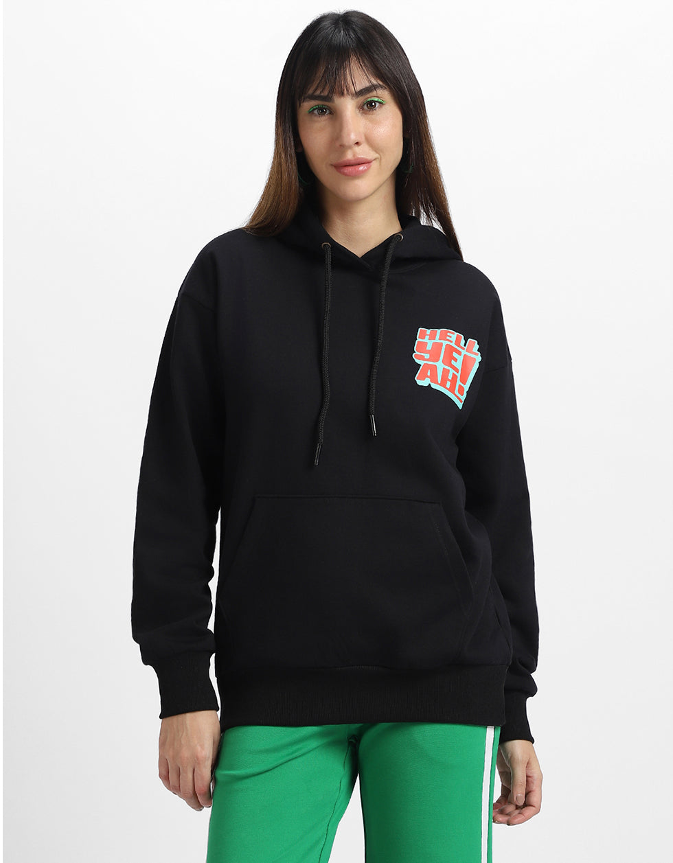 Hell Yeah Printed Black Oversized Hoodie