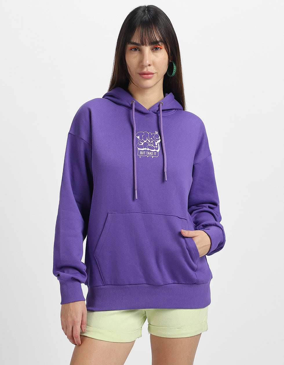 Take It Easy Typographic Printed Purple Oversized Hoodie