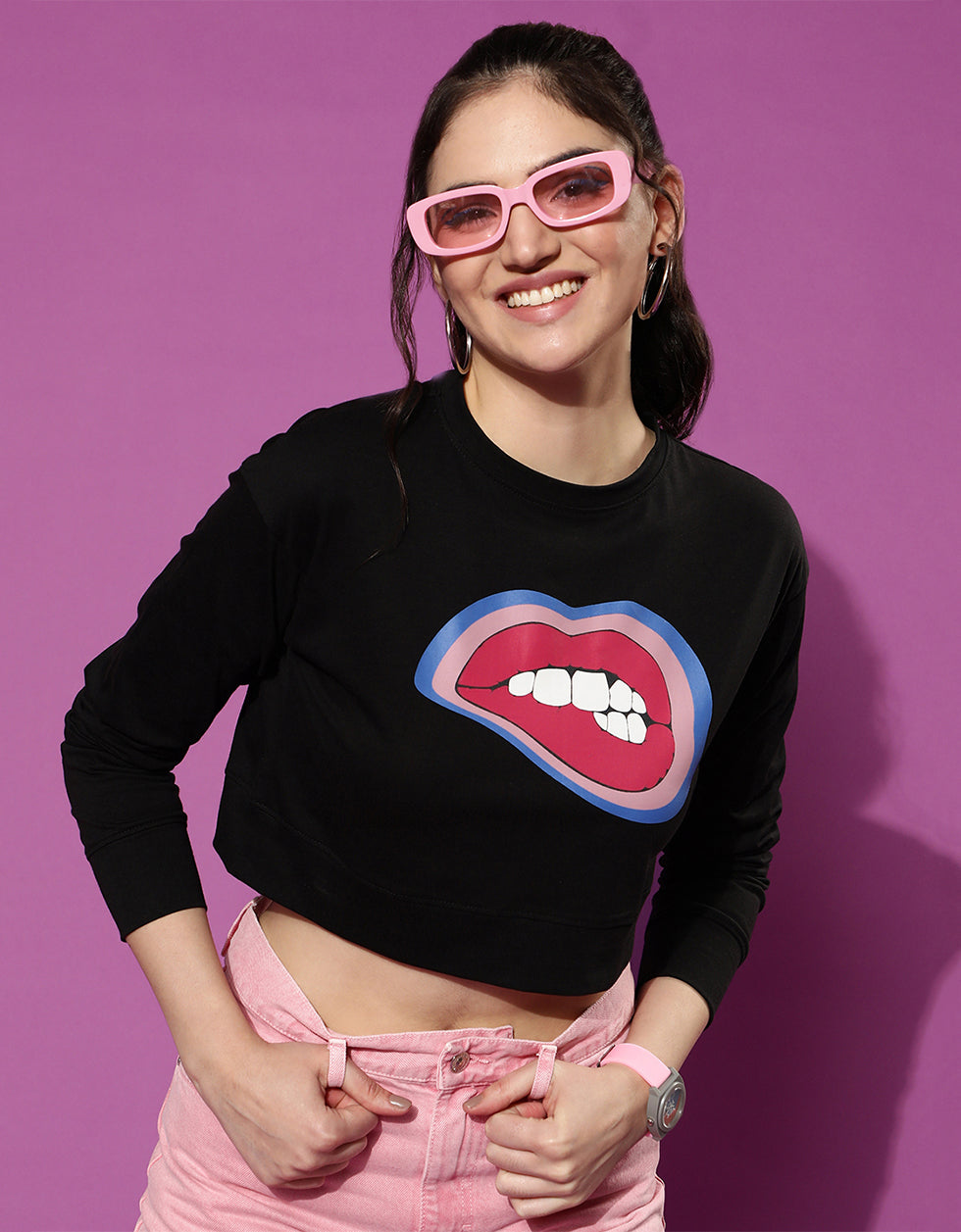 Lips Black Graphic Printed Crop-Top
