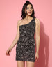 Black Floral Print One Shoulder Dress