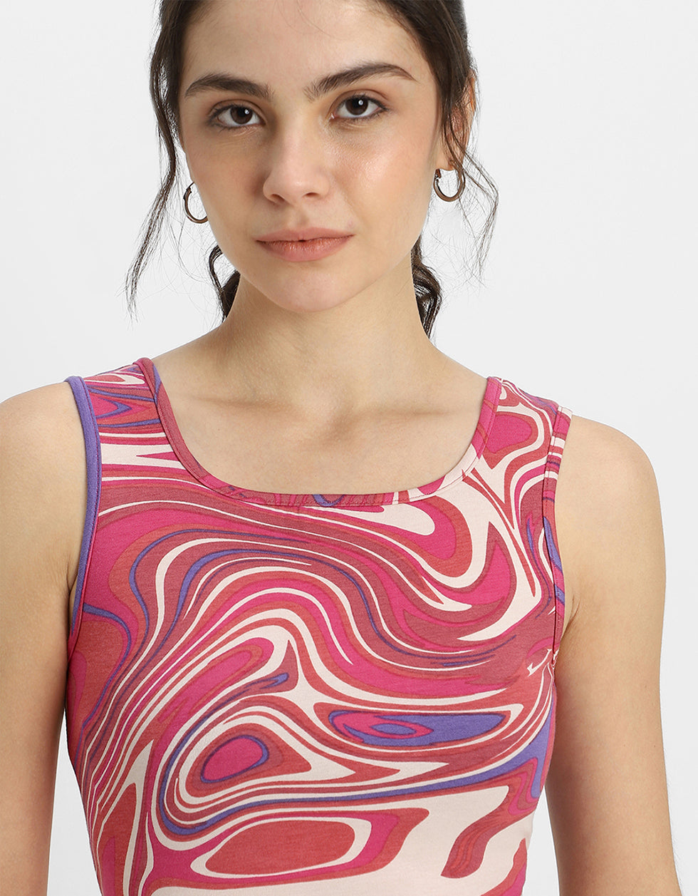 Pink Abstract Printed Round Neck Cropped Tank Top