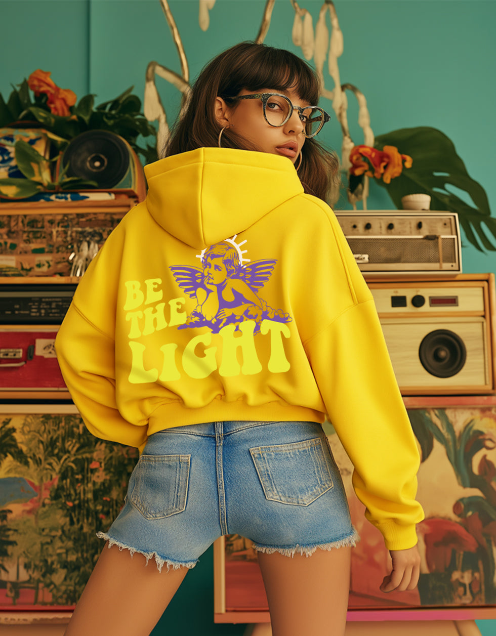 Be the Light Printed Yellow Crop Hoodie