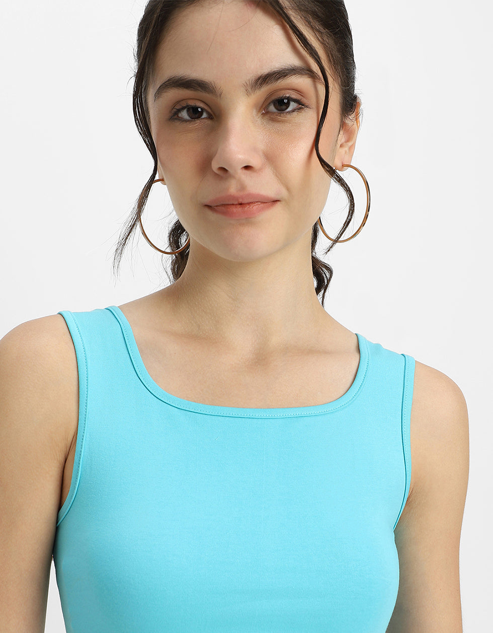 Blue Radiance Plain Square Neck Cropped Tank Top