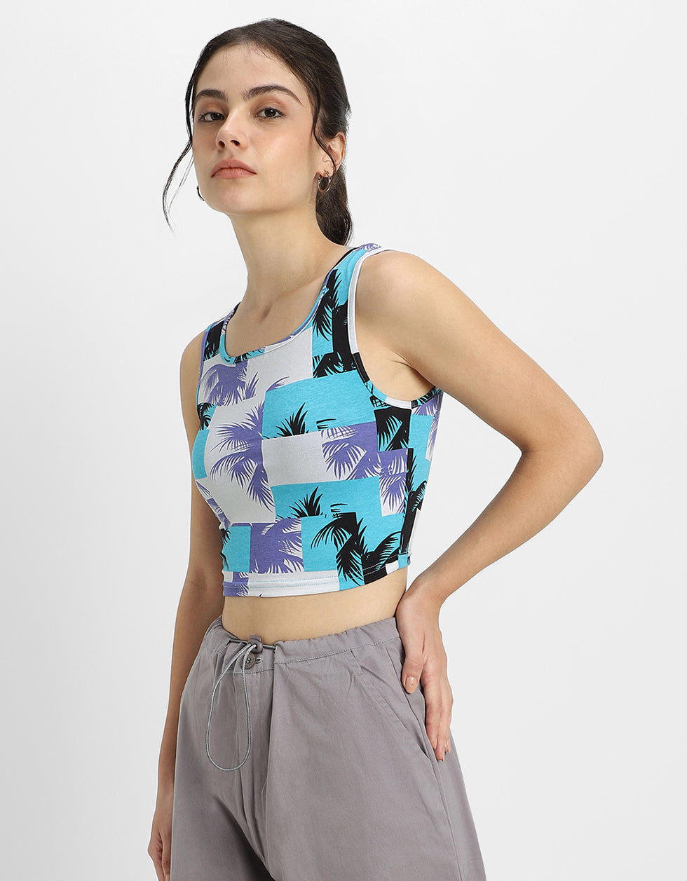 White & Blue Printed Square Neck Cropped Tank Top
