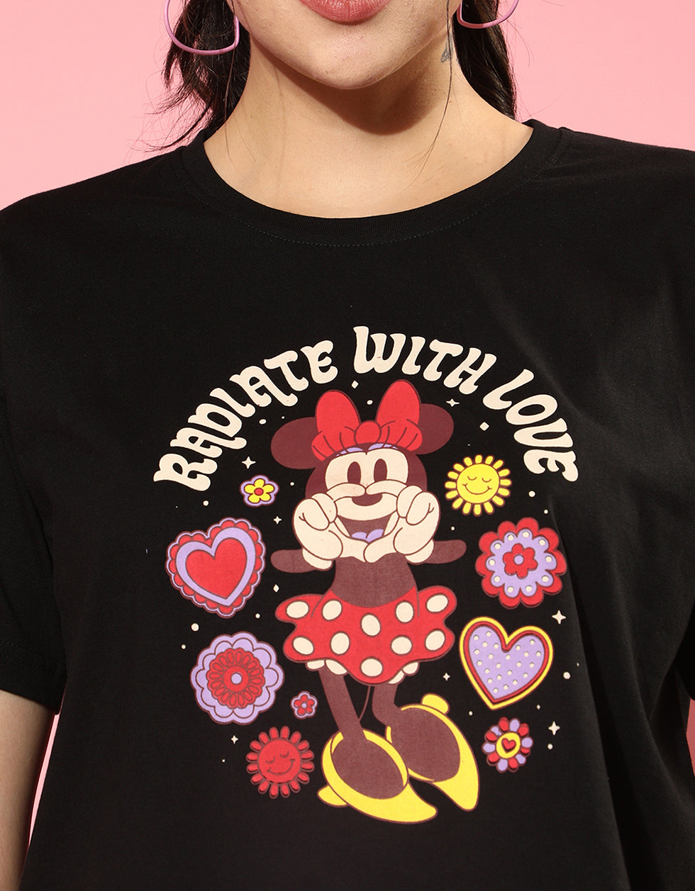 Mickey Minnie Black Graphic Printed Crop-Top