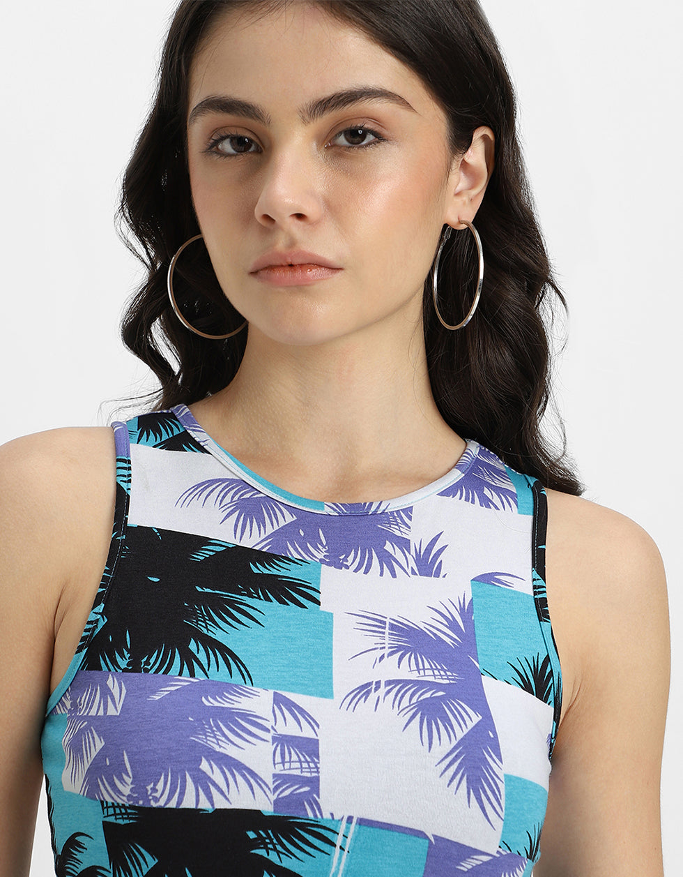 White Printed Round Neck Cropped Tank Top
