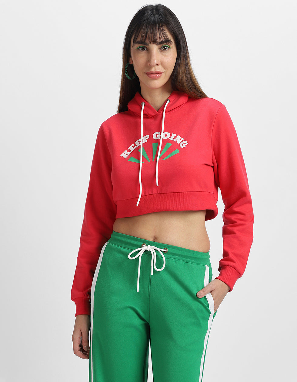 Go Outside Printed Magenta Crop Hoodie