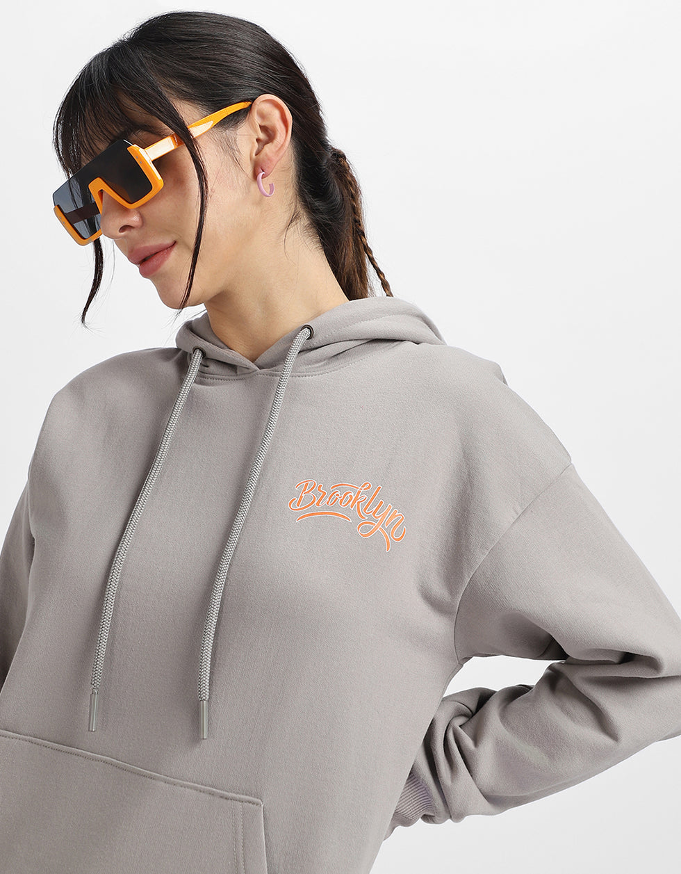 Brooklyn Typographic Printed Grey Oversized Hoodie