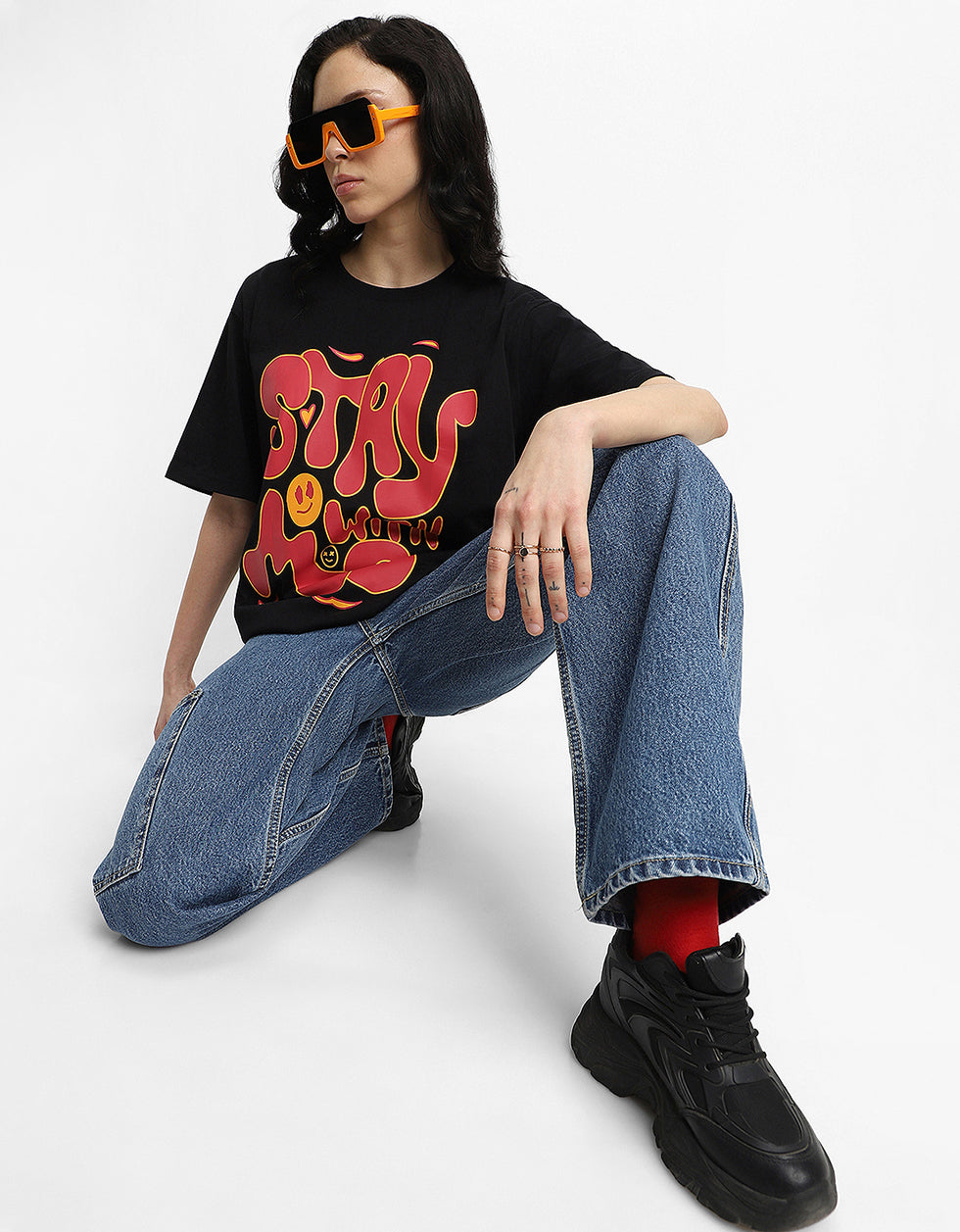 Stay With Me Black Oversized Typographic T-Shirt