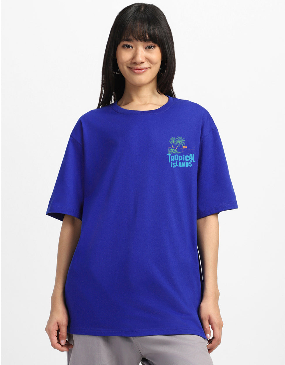 Tropical Island Royal Blue Oversized Fit Graphic T-Shirt