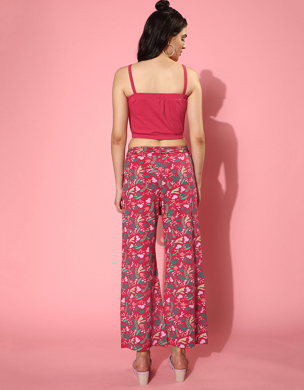 Red Strappy Crop top With Floral Printed palazzo Co-Ords Set