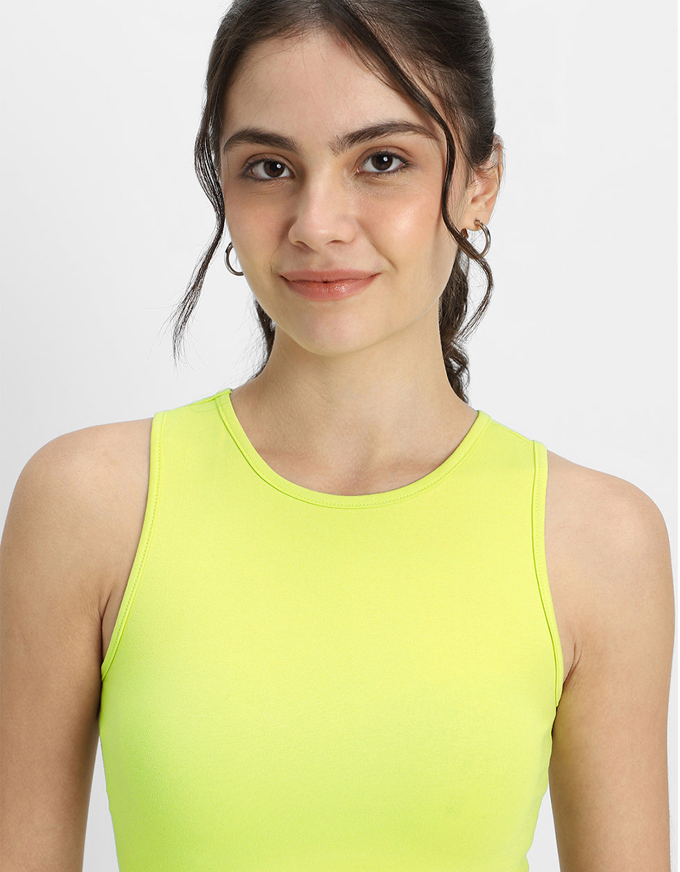 Lime Green Plain Round Neck Cropped Tank Top