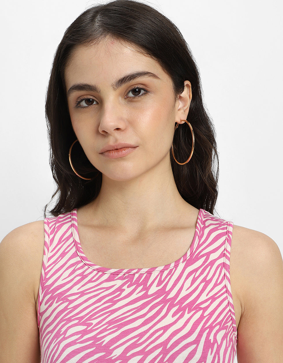Pink Printed Square Neck Cropped Tank Top