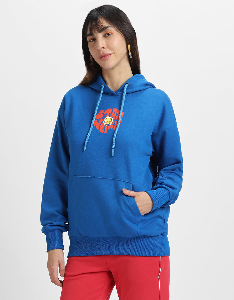 Stay Weird Blue Printed Oversized Hoodie