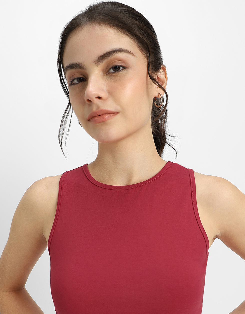 Viva Magenta Plain Round Neck Cropped Tank Top