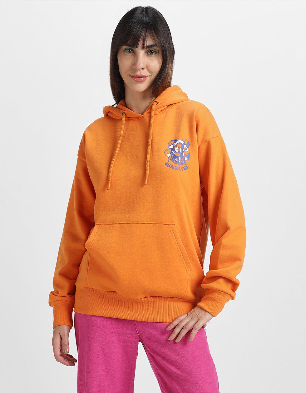 Mushroom Club Graphic Printed Orange Oversized Hoodie