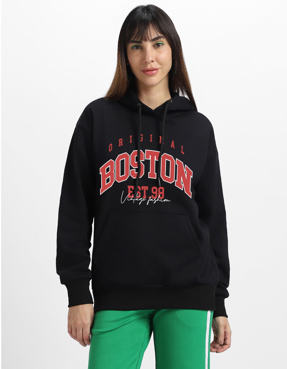 Boston Black Regular Fit Front Printed Hoodie